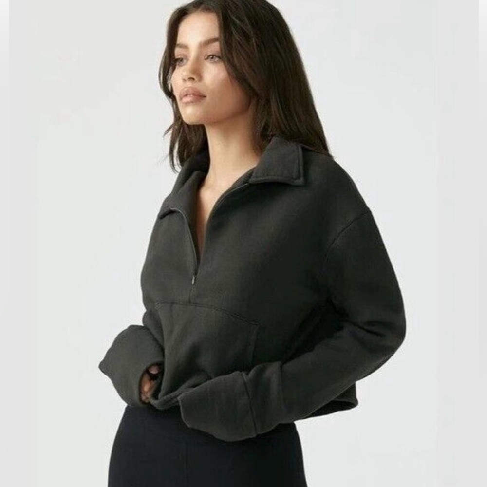 JOAH BROWN Aspen Half Zip Pullover Sweater Cropped in Washed Black